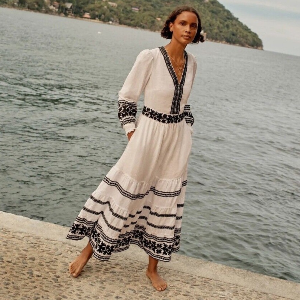 NWT Boden Nadia White and Black Embroidered Maxi Dress